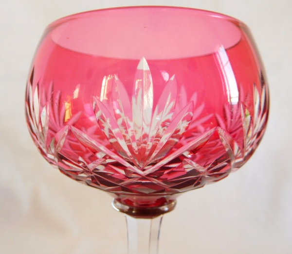 St Louis overlay crystal hock glass, Massenet pattern, pink overlay crystal - signed