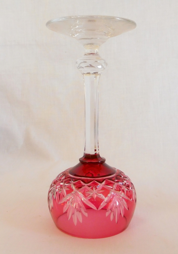 St Louis overlay crystal hock glass, Massenet pattern, pink overlay crystal - signed