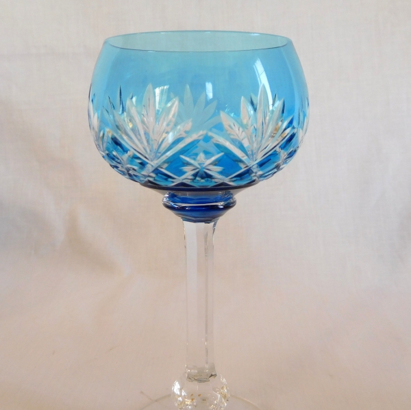 St Louis overlay crystal hock glass, Massenet pattern, light blue / turquoise overlay crystal - signed