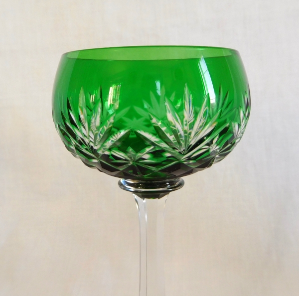 St Louis overlay crystal hock glass, Massenet pattern, green overlay crystal - signed