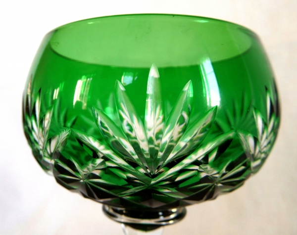 St Louis overlay crystal hock glass, Massenet pattern, green overlay crystal - signed