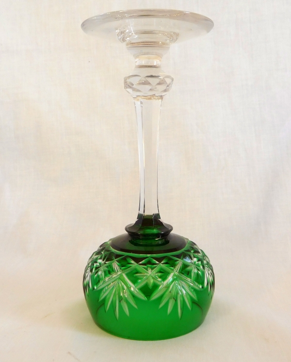 St Louis overlay crystal hock glass, Massenet pattern, green overlay crystal - signed