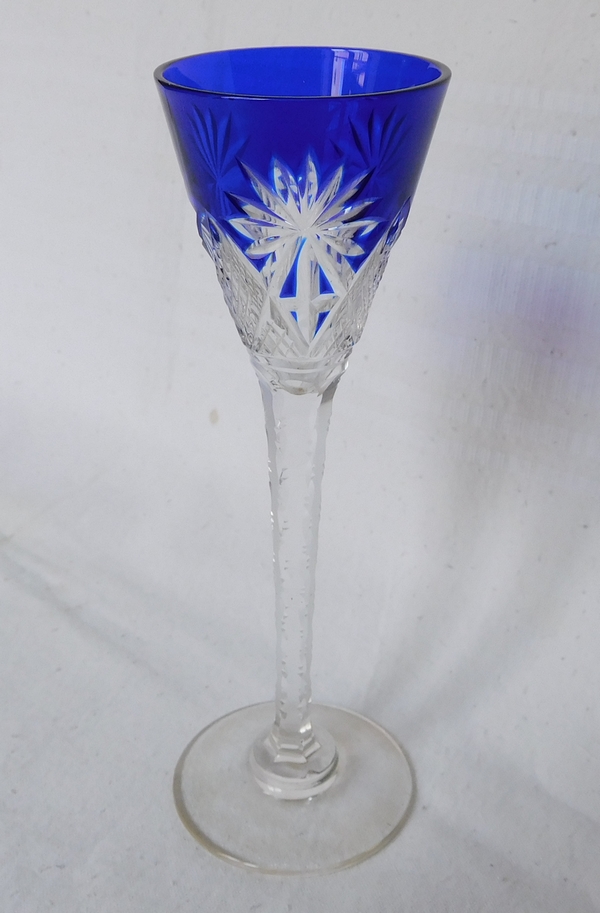 St Louis crystal liquor glass, Nelly pattern, cobalt blue overlay crystal