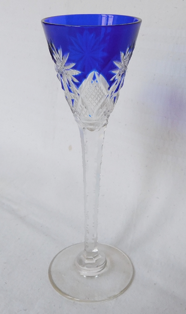 St Louis crystal liquor glass, Nelly pattern, cobalt blue overlay crystal