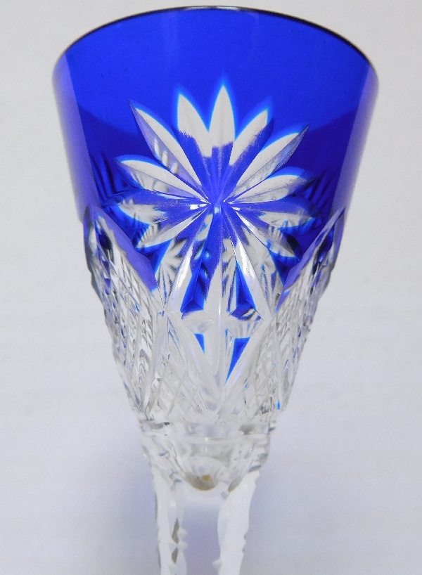 St Louis crystal liquor glass, Nelly pattern, cobalt blue overlay crystal