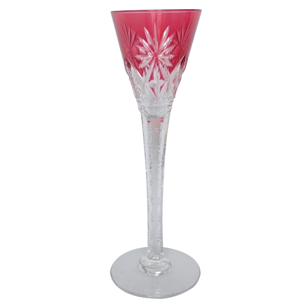 St Louis crystal liquor glass, Nelly pattern, pink overlay crystal