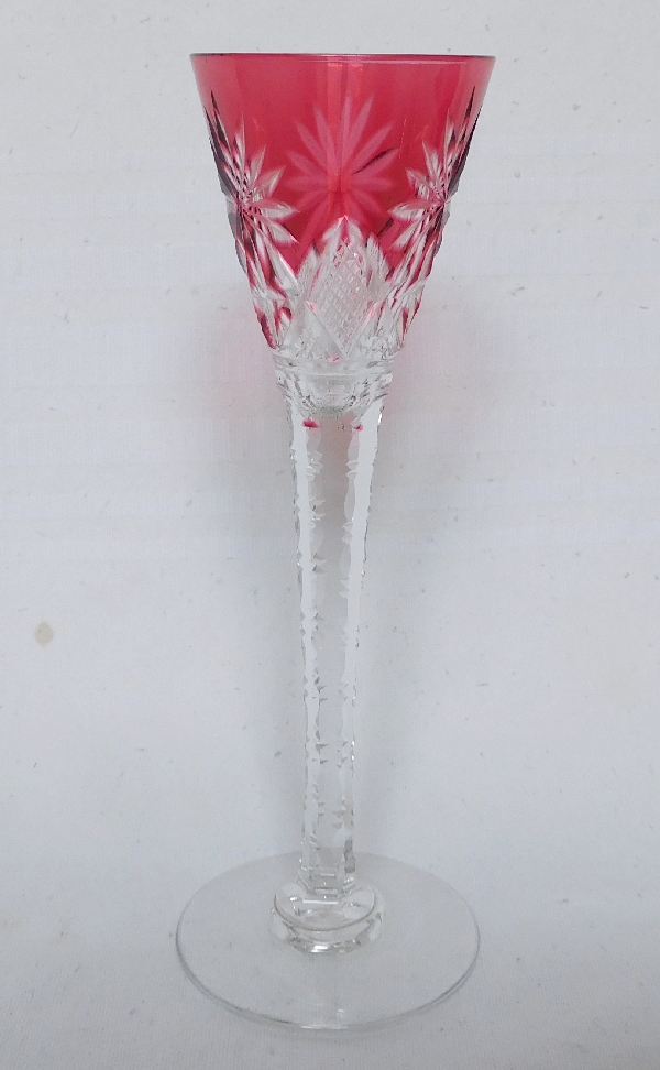 St Louis crystal liquor glass, Nelly pattern, pink overlay crystal