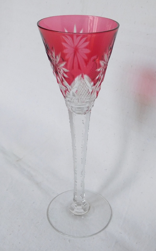 St Louis crystal liquor glass, Nelly pattern, pink overlay crystal