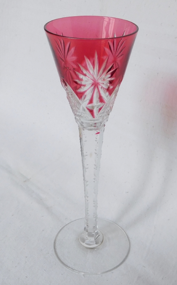 St Louis crystal liquor glass, Nelly pattern, pink overlay crystal