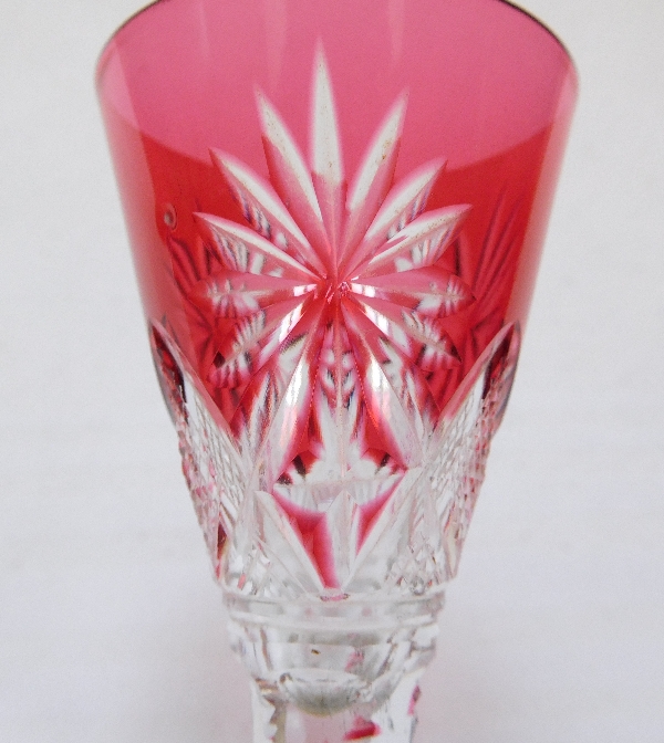 St Louis crystal liquor glass, Nelly pattern, pink overlay crystal