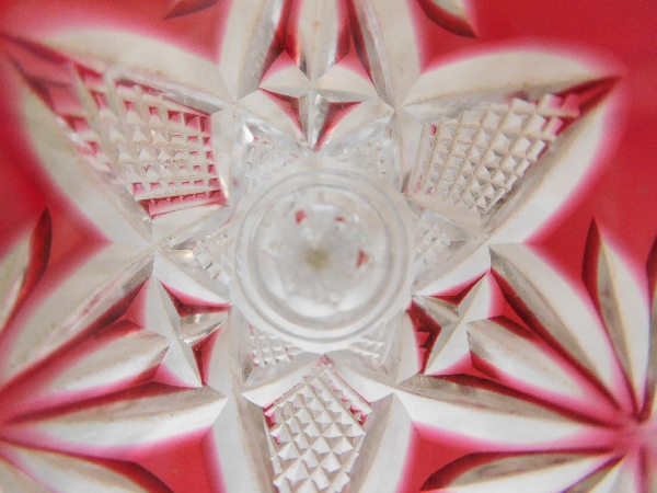 St Louis crystal liquor glass, Nelly pattern, pink overlay crystal