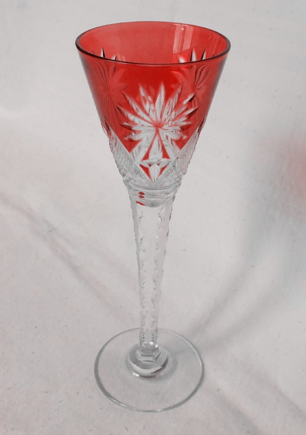 St Louis crystal liquor glass, Nelly pattern, red overlay crystal