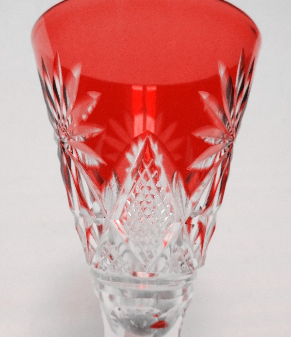 St Louis crystal liquor glass, Nelly pattern, red overlay crystal