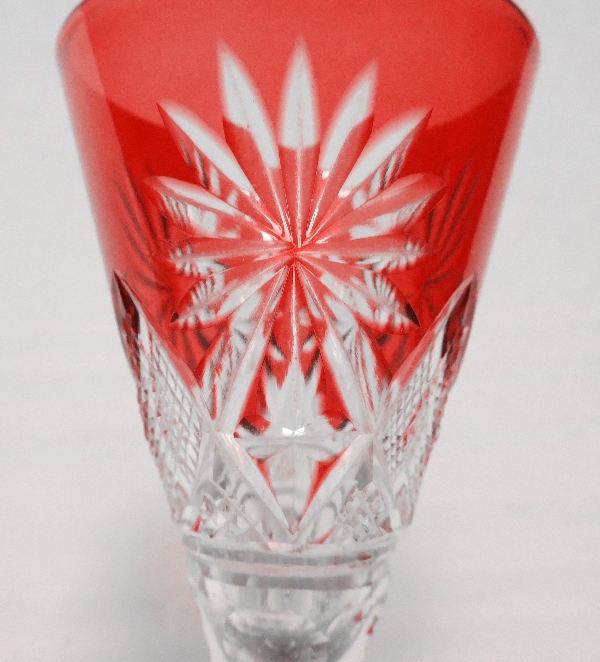 St Louis crystal liquor glass, Nelly pattern, red overlay crystal