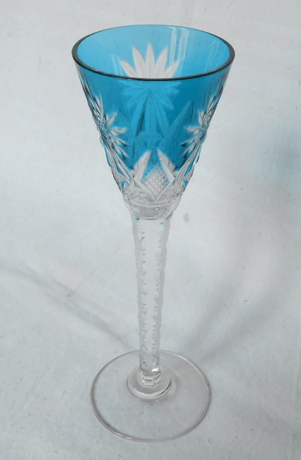 St Louis crystal liquor glass, Nelly pattern, turquoise overlay crystal