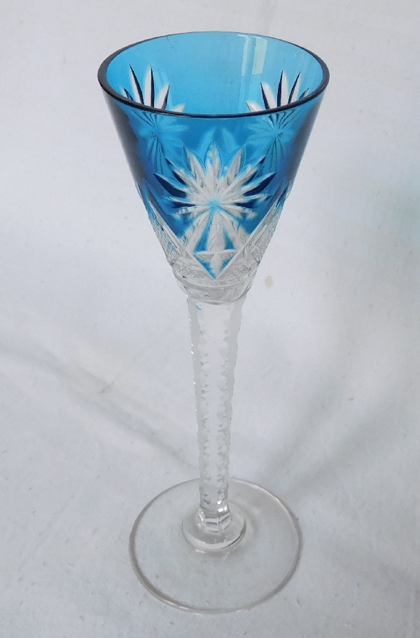 St Louis crystal liquor glass, Nelly pattern, turquoise overlay crystal