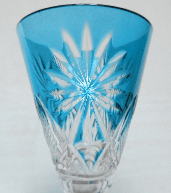 St Louis crystal liquor glass, Nelly pattern, turquoise overlay crystal