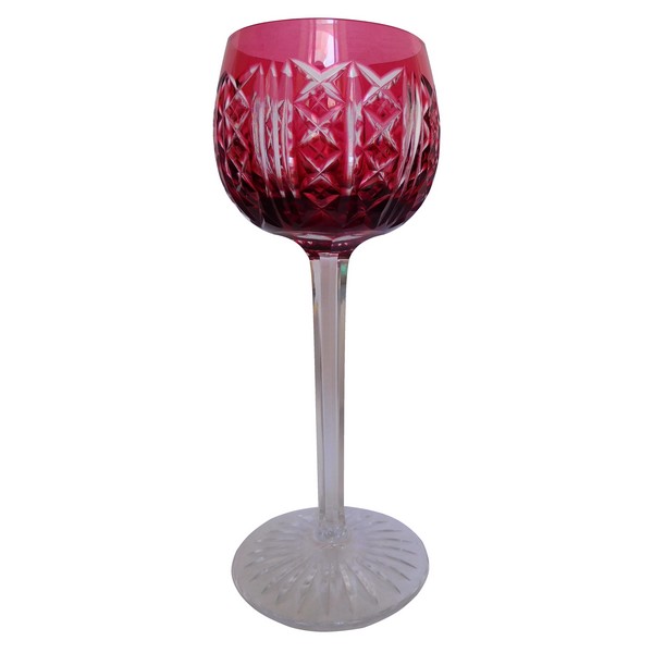 St. Louis crystal hock glass, pink overlay crystal, Riesling pattern - 18.5cm