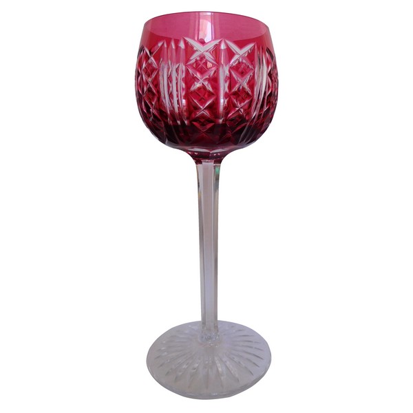 St. Louis crystal hock glass, pink overlay crystal, Riesling pattern - 18.5cm