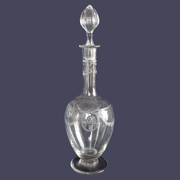 Tall St Louis crystal wine decanter, Sapho pattern, Louis XVI style engraved decoration - 37.5cm