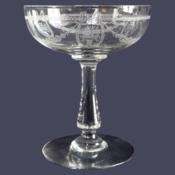 St Louis crystal champagne glass, Sapho pattern, Louis XVI style engraved decoration