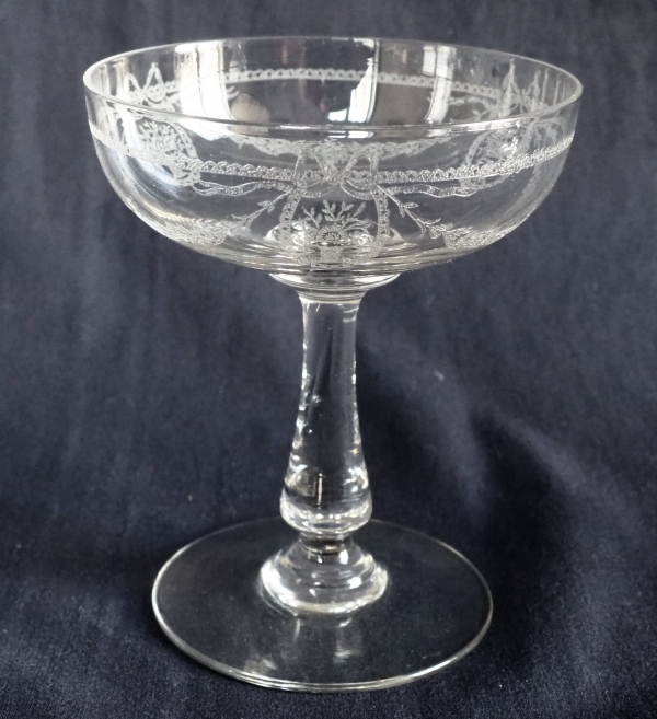 St Louis crystal champagne glass, Sapho pattern, Louis XVI style engraved decoration