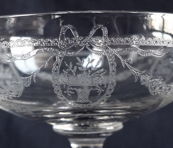 St Louis crystal champagne glass, Sapho pattern, Louis XVI style engraved decoration