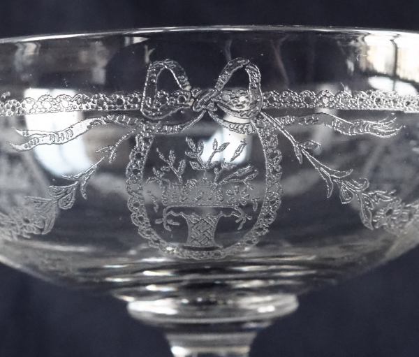St Louis crystal champagne glass, Sapho pattern, Louis XVI style engraved decoration