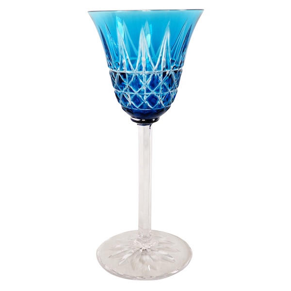 St Louis crystal hock glass, Tarn pattern, blue overlay crystal - 19.8cm