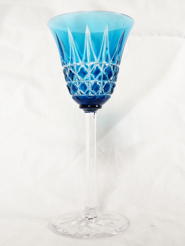 St Louis crystal hock glass, Tarn pattern, blue overlay crystal - 19.8cm