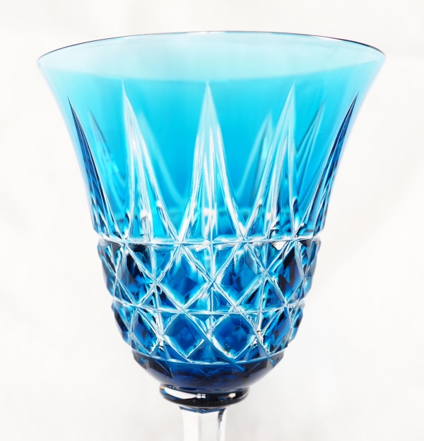 St Louis crystal hock glass, Tarn pattern, blue overlay crystal - 19.8cm