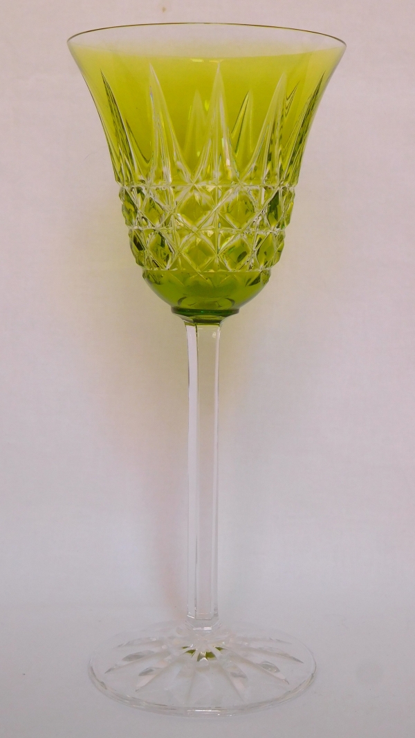 St Louis crystal hock glass, Tarn pattern, lime-green overlay crystal - 19.8cm