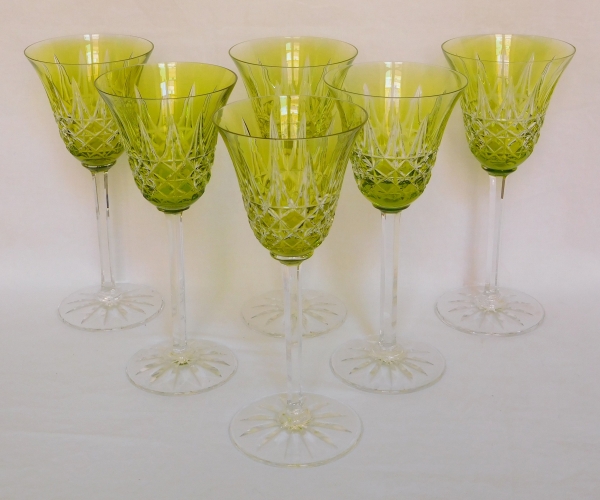 St Louis crystal hock glass, Tarn pattern, lime-green overlay crystal - 19.8cm