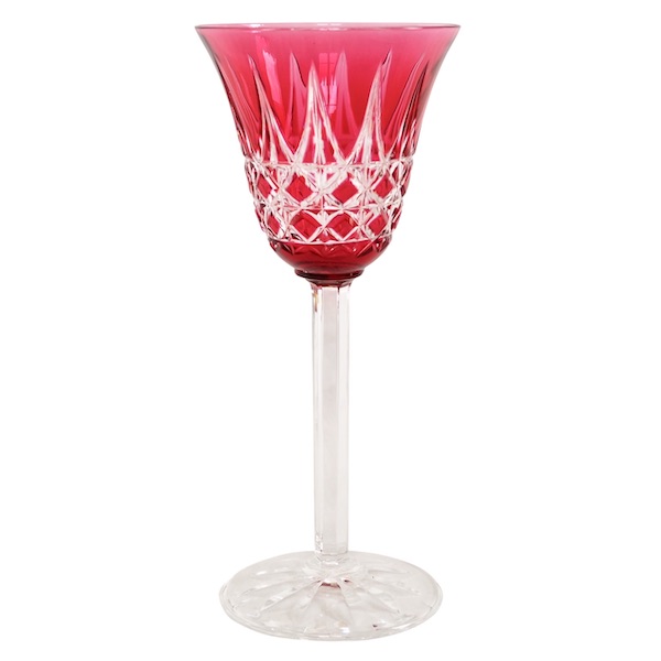 St Louis crystal hock glass, Tarn pattern, pink overlay crystal - 19.8cm