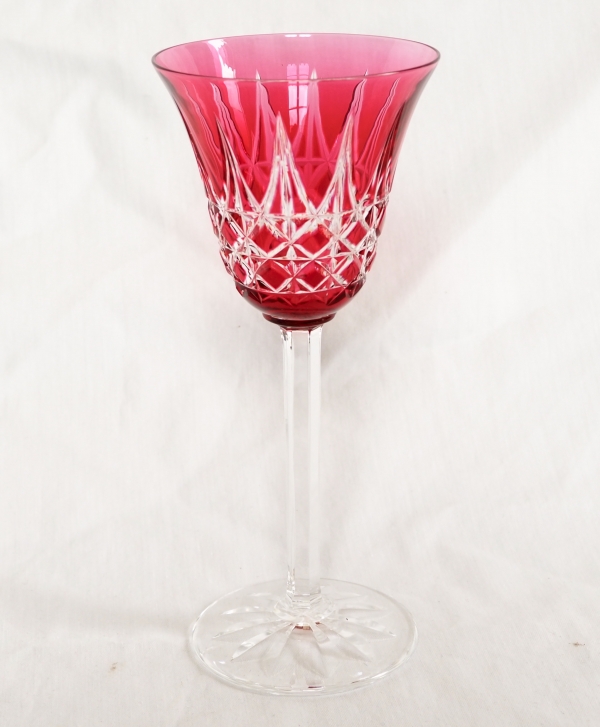 St Louis crystal hock glass, Tarn pattern, pink overlay crystal - 19.8cm