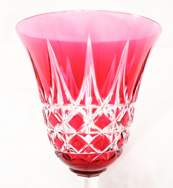 St Louis crystal hock glass, Tarn pattern, pink overlay crystal - 19.8cm
