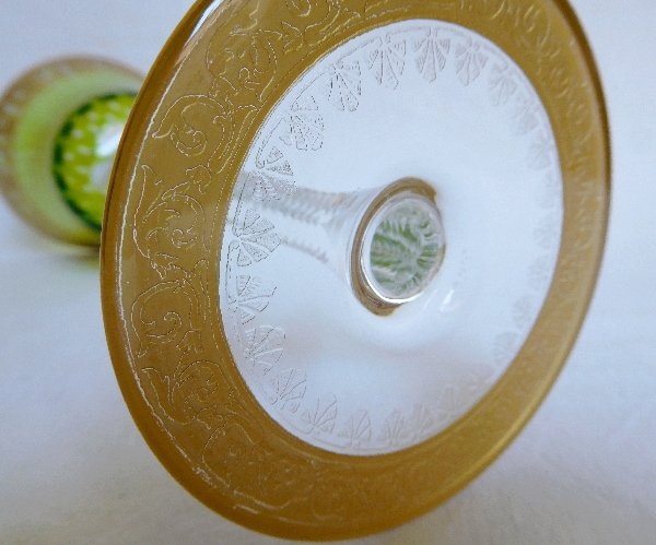 St Louis crystal water glass, light green Thistle pattern - signed - 20.7cm