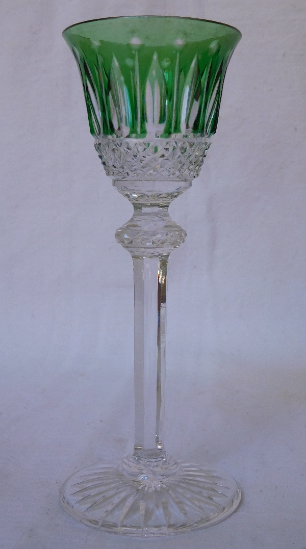 St Louis crystal liquor glass, Tommy pattern; green overlay crystal - 13.4cm