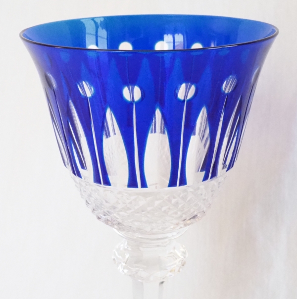 St Louis crystal hock glass, Tommy pattern, cobalt blue overlay crystal - signed - 19.8cm