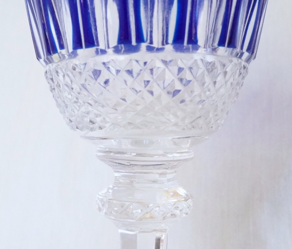 St Louis crystal hock glass, Tommy pattern, cobalt blue overlay crystal - signed - 19.8cm