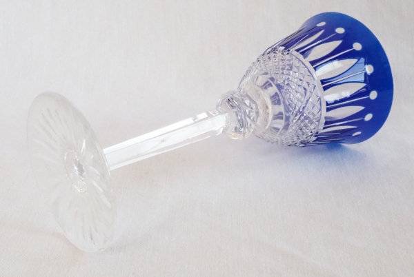 St Louis crystal hock glass, Tommy pattern, cobalt blue overlay crystal - signed - 19.8cm