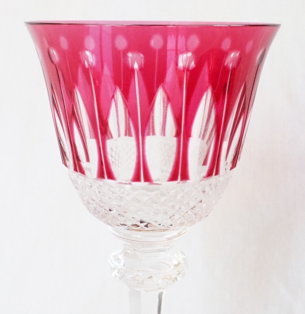 St Louis crystal hock glass, Tommy pattern, pink overlay crystal - signed - 19.8cm