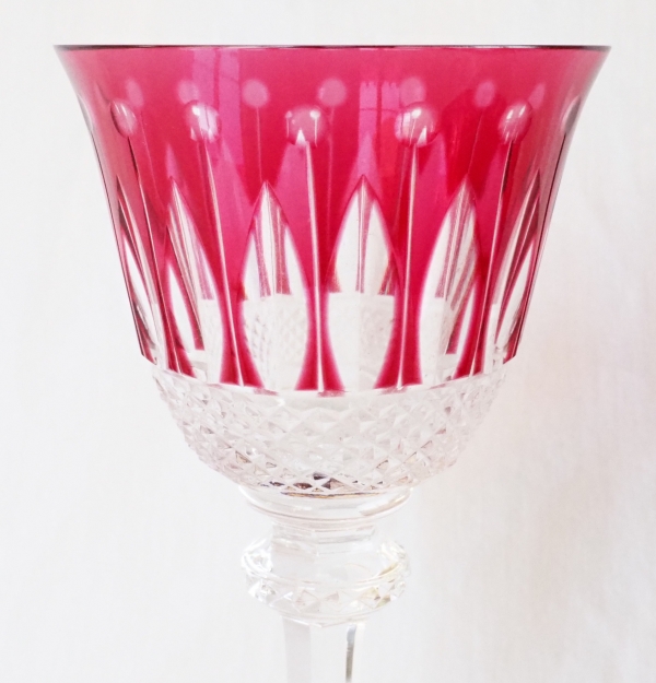 St Louis crystal hock glass, Tommy pattern, pink overlay crystal - signed - 19.8cm