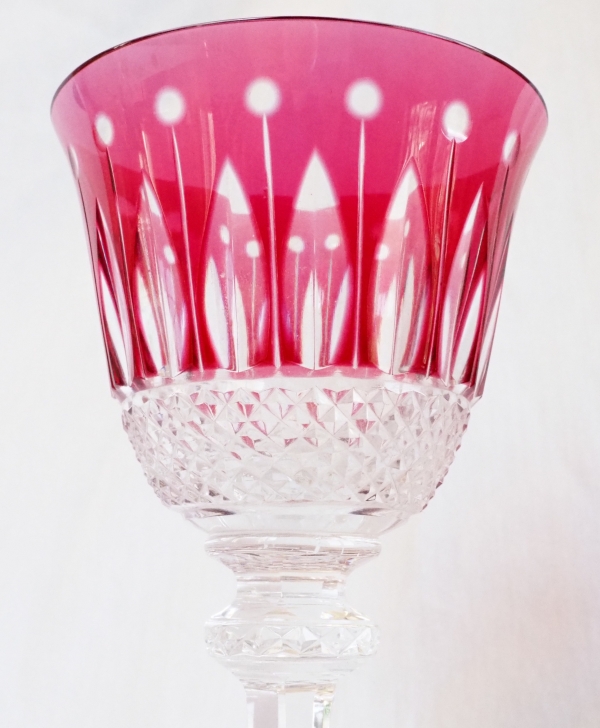 St Louis crystal hock glass, Tommy pattern, pink overlay crystal - signed - 19.8cm