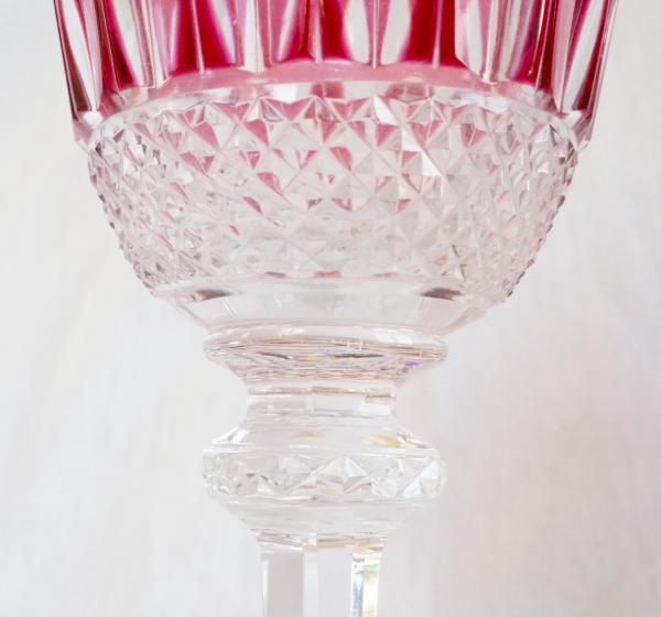 St Louis crystal hock glass, Tommy pattern, pink overlay crystal - signed - 19.8cm
