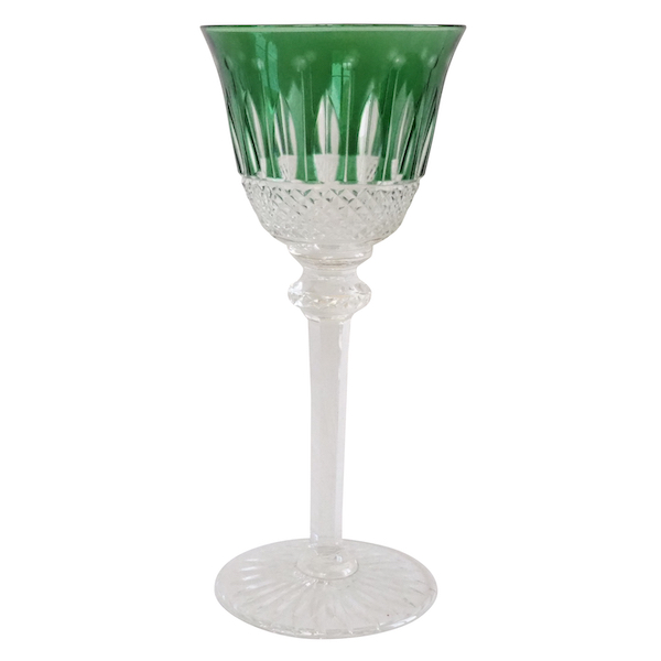 St Louis crystal hock glass, Tommy pattern, green overlay crystal - signed - 19.8cm