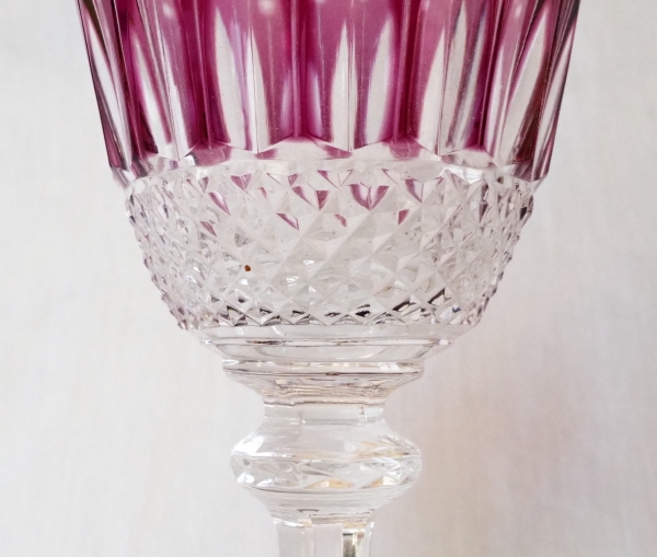 St Louis crystal hock glass, Tommy pattern, purple overlay crystal - signed - 19.8cm