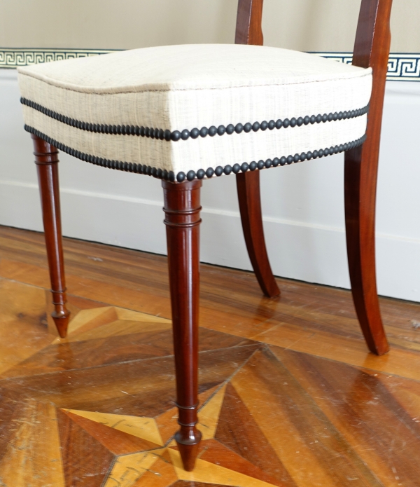 Set of 10 Directoire mahogany dining chairs, horsehair covers, model by Jacob - late 18th century