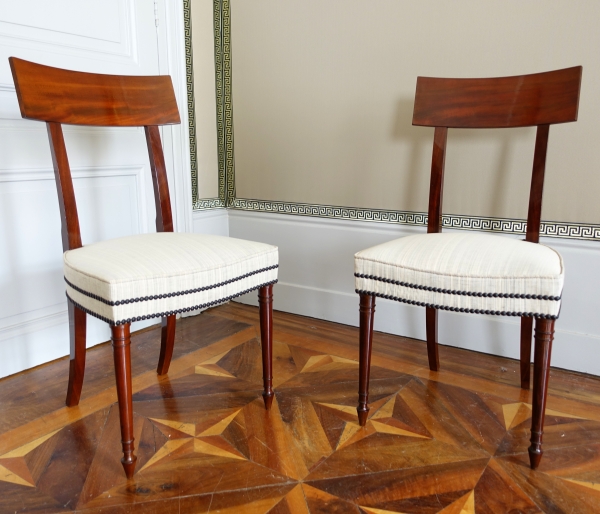 Set of 10 Directoire mahogany dining chairs, horsehair covers, model by Jacob - late 18th century