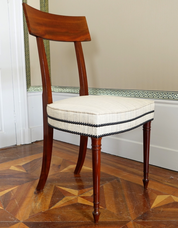 Set of 10 Directoire mahogany dining chairs, horsehair covers, model by Jacob - late 18th century